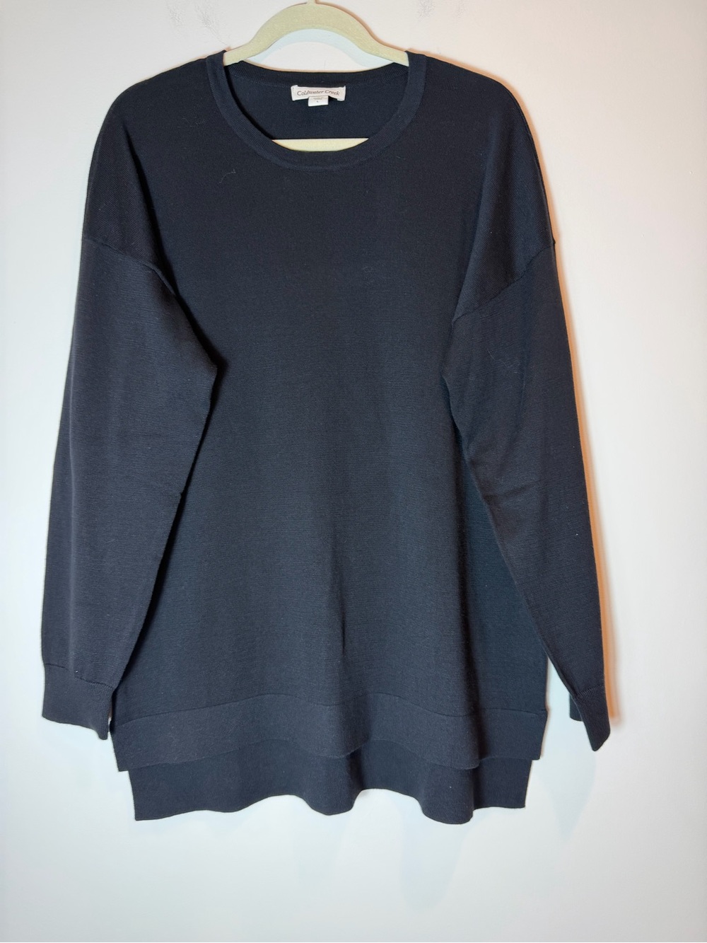 Coldwater Creek Black 100% Cotton Crewneck Relaxed Sweater Tunic SZ L Split Hem